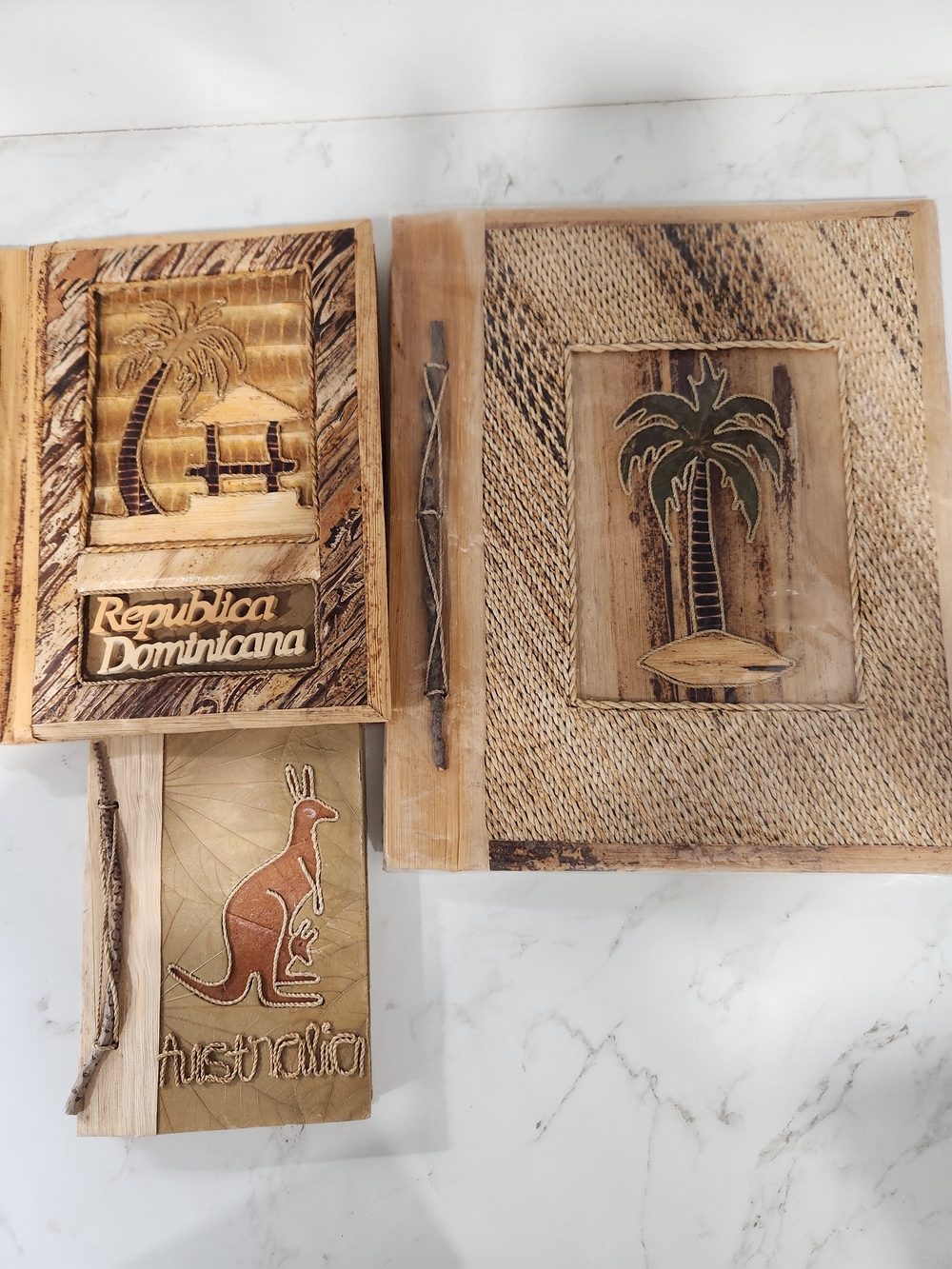 Handcrafted Wood Vintage/Photo Holders with Palm Tree & Kangaroo Carvings